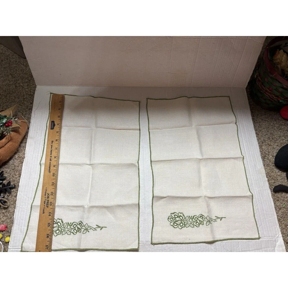 Vintage Linen Napkins Set of 6 Ivory Green Embroidered Roses Floral 12x17